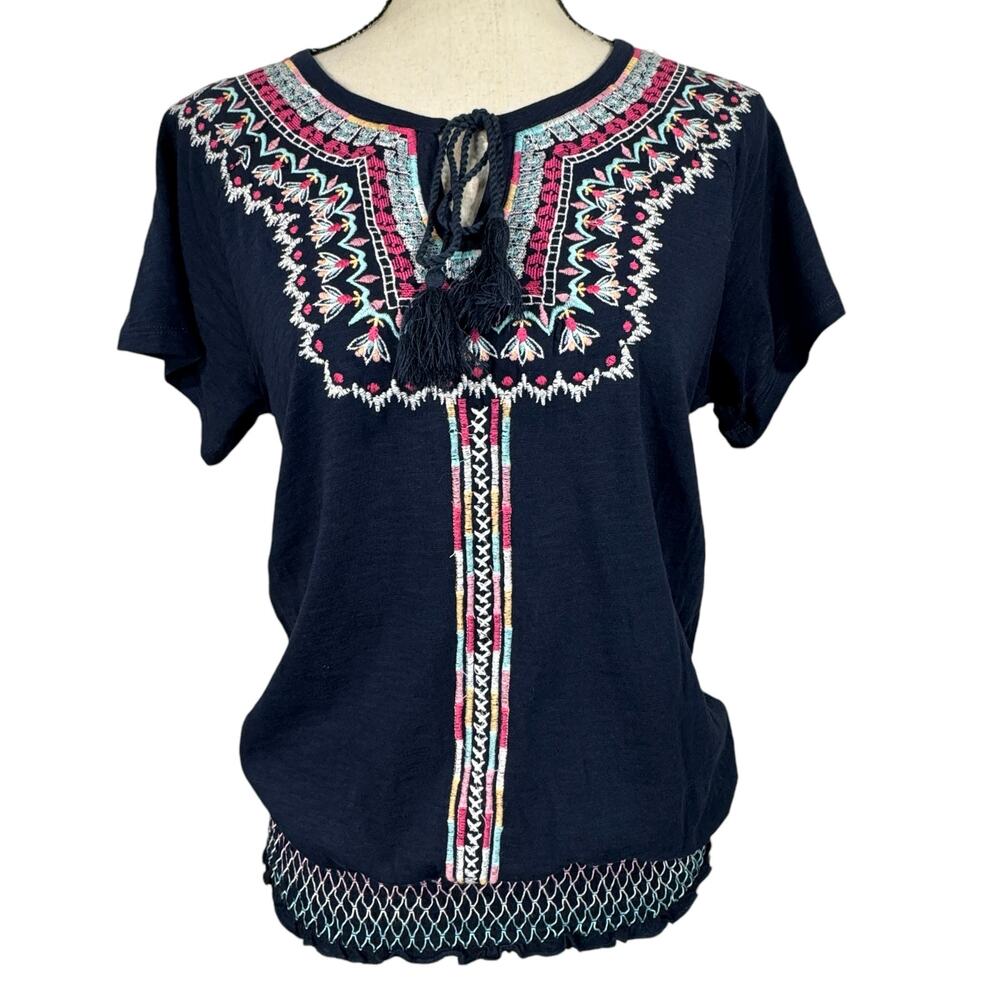 Style & Co Small Peasant Top Embroidered Tasseled Keyhole Cap Sleeve Stretch New